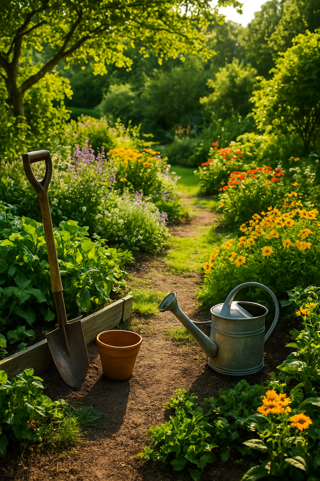 Man sieht einen Weg in einem idyllischen Garten. Vorne im Bild ist eine Schaufel, ein leerer Topf und eine Gießkanne zu sehen. Im Garten sind schöne Pflanzen zu sehen.